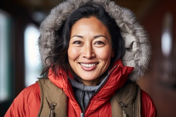 Poster - Portrait of a grinning asian woman in her 50s donning a durable down jacket isolated in scandinavian-style interior background