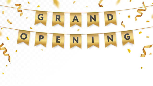 Golden grand opening invitation card template, streamer. Hanging garland. Realistic party paper flags, gold banner, confetti ribbons. Celebration bunting mockup concept. Transparent vector background