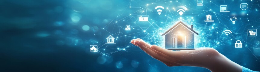 Poster - Virtual assistant smart home automation with technology of things and copy space for banners.