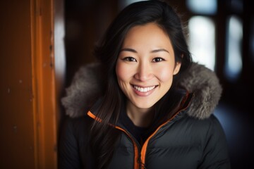 Poster - Portrait of a grinning asian woman in her 20s sporting a quilted insulated jacket isolated in scandinavian-style interior background