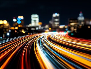 City skyline visible from a busy highway at night, cars leaving light trails as they speed by, Highway landscape, City night traffic