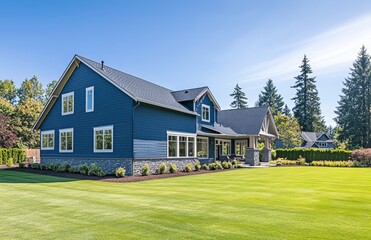 An exterior view of a beautiful, newly built luxury home with a green lawn and forest in the background