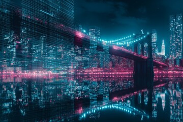 Poster - abstract digital dots cover a river to symbolize smart cities, internet of things, and wireless conn