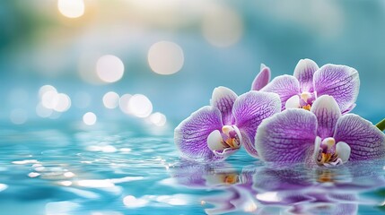 Poster - Purple and white orchids floating on a serene water surface, perfect for a spa or wellness product banner that conveys calmness