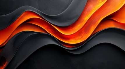 Poster - Stylish interior design with black and orange abstract wallpaper. Fluid, textile shapes. Waves of color. Digital paint.