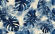 © neiros - Blue monochrome large tropical leaves on a black background, exotic wallpaper design with pointed leaves, palm leaves, watercolor effect, modern wallpaper, mural.