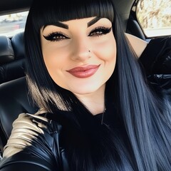 Canvas Print - photo selfie in a cabrio, woman with long black hair and short bangs, strong make up and big eyeliner, posted on instagram, smiling,