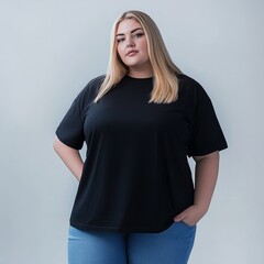 Canvas Print - Plus size blonde stylish woman wearing a tshirt for product mockup, 