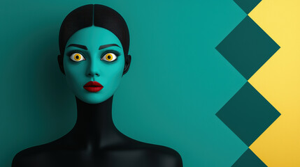 art deco portrait of a woman in shock, mannequin with vivid teal skin, bold yellow accents, geometric shapes, muted gold and teal tones, clean space for text above, modern artistic background.