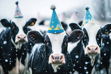 Black and white 4 Holland cow wearing blue cone-shaped party hat, happy new year 2023