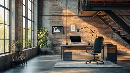 Poster - stylish modern office with large windows in an urban loft setting during the afternoon sunlight