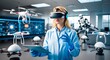 © Arceli - Blonde female scientist wearing AR headset in a robotics lab filled with drones and advanced computer systems