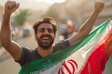 Urban man celebrates holding Iran flag in city street. Gray t-shirt contrasts with vibrant colors of national symbol. Busy urban background features cars and buildings.