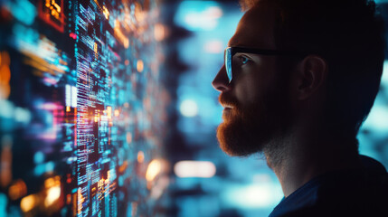 Man with glasses looking at screen displaying code