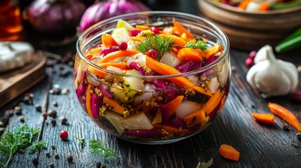 A bowl of colorful pickled veggies.  They're good for you and taste great!