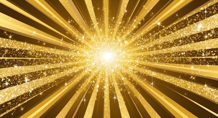 Golden rays of light with twinkling star like particles spreading in all directions for a dynamic glittery banner illustration