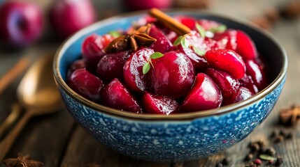 A bowl of sour plums with spices sits on a wooden table. This simple food is perfect for those who follow a healthy, vegetarian diet.