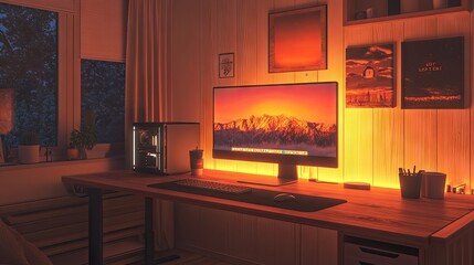Poster - A contemporary desk in a cozy home office, featuring a desktop computer and warm lighting,