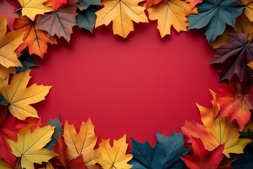 Poster - Autumn leaves frame on red background.