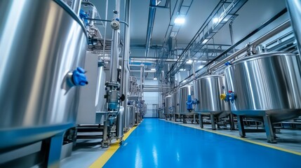 Canvas Print - A modern industrial facility showcasing large stainless steel tanks and pipes, emphasizing cleanliness and efficiency in production processes.