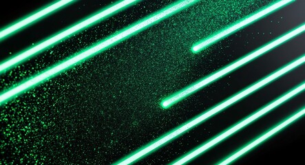 Wall Mural - Neon green light beams with glitter bokeh particles spreading across a futuristic black backdrop