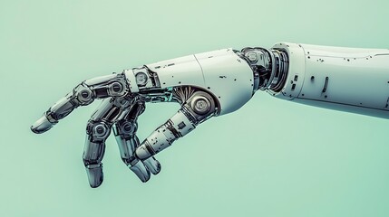 Poster - Close-up of a robotic hand with an open palm, against a light blue background.