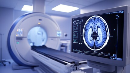 Aufkleber - A CT scan of a brain is displayed on a monitor in a hospital room