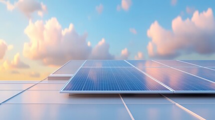 A solar panel is on a roof with a cloudy sky in the background