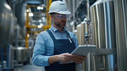 A worker in a safety helmet and goggles checks a tablet in a modern industrial setting, surrounded by large metallic equipment.