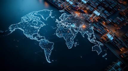 The power of global logistics captured through a world map projected on a port, highlighting the speed and efficiency of international shipping.