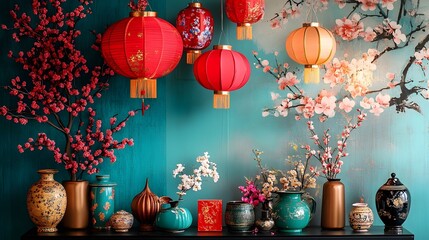 Wall Mural - Vibrant Chinese New Year Backdrop with Colorful Lanterns and Traditional Designs for a Celebratory Holiday Scene