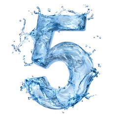 Energetic splash of blue water in the shape of the number 5 symbol against a clean white background,creating a dynamic and visually striking digital art composition.