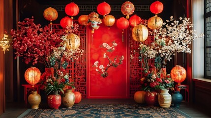 Wall Mural - vibrant chinese new year backdrop with colorful lanterns red decor and cultural symbols of joy and p