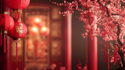 Wall Mural - vibrant chinese new year backdrop with traditional red lanterns ornate auspicious cultural symbols c