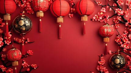 Wall Mural - symbolic chinese new year backdrop with intricate designs featuring traditional icons of wealth happ