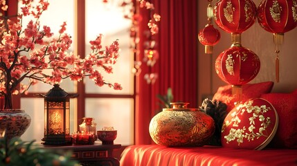 Wall Mural - Lavish Chinese New Year Backdrop Showcasing Traditional Red and Gold Decorative Elements Symbolizing Wealth Happiness and Prosperity for Festive