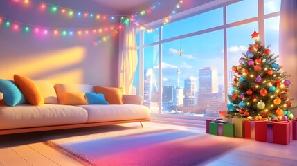 a cozy living room decorated for Christmas. There is a large window with a view of a city skyline in the background, letting in bright daylight