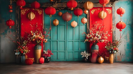 Wall Mural - vibrant and auspicious chinese new year backdrop featuring colorful lanterns red decor and tradition