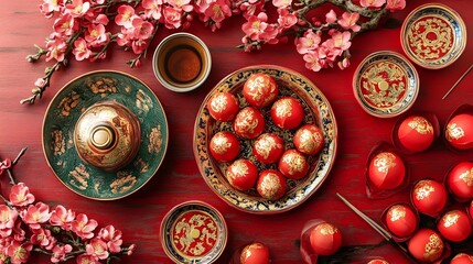 Wall Mural - symbolic and vibrant chinese new year red with intricate designs representing wealth happiness and g
