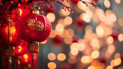 Wall Mural - vibrant and festive chinese new year red featuring traditional lanterns symbols and designs represen