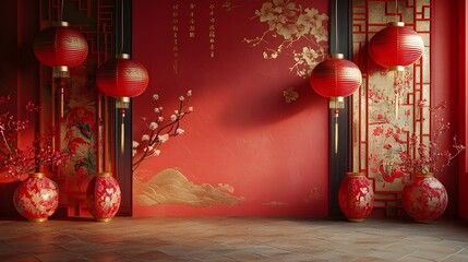 Wall Mural - intricate chinese new year tradition backdrop featuring elaborate designs vibrant red and gold lante