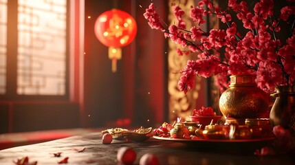 Wall Mural - festive chinese new year backdrop showcasing the traditional red and gold wealth prosperity and happ