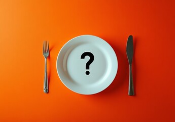 An orange background with a three dimensional question mark on a white plate with fork and knife.