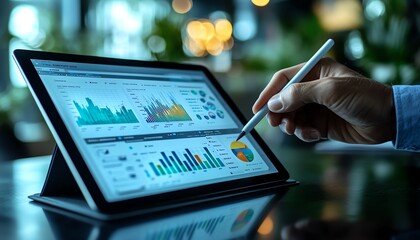 a consultant s hand holding a digital pen while reviewing a project proposal on a tablet, tablet pro