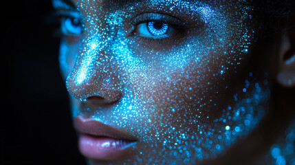 Poster - human face with digital algorithmic patterns and blue aura, concept of digital identity and ai at ni