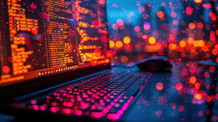 Poster - Colorful Code Bokeh: Laptop Displaying Source Code in Dark Office with Vibrant Bokeh Lights, Nighttime Programming Concept