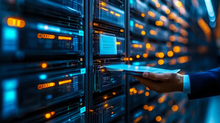 Aufkleber - cybersecurity professional managing encrypted files on server rack in high-tech data center with adv