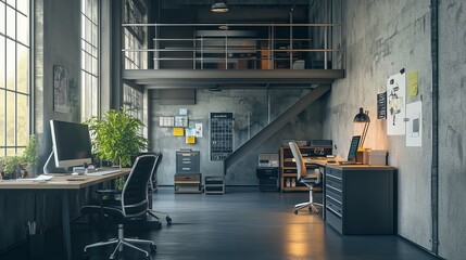 Poster - modern industrial workspace featuring large windows, minimalist furniture, and plants in a well-lit 
