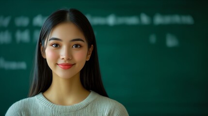 A woman standing in front of a blackboard with writing on it