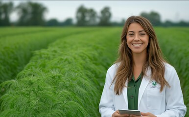 A female scientist smiling while holding a tablet in front of a cannabis field.